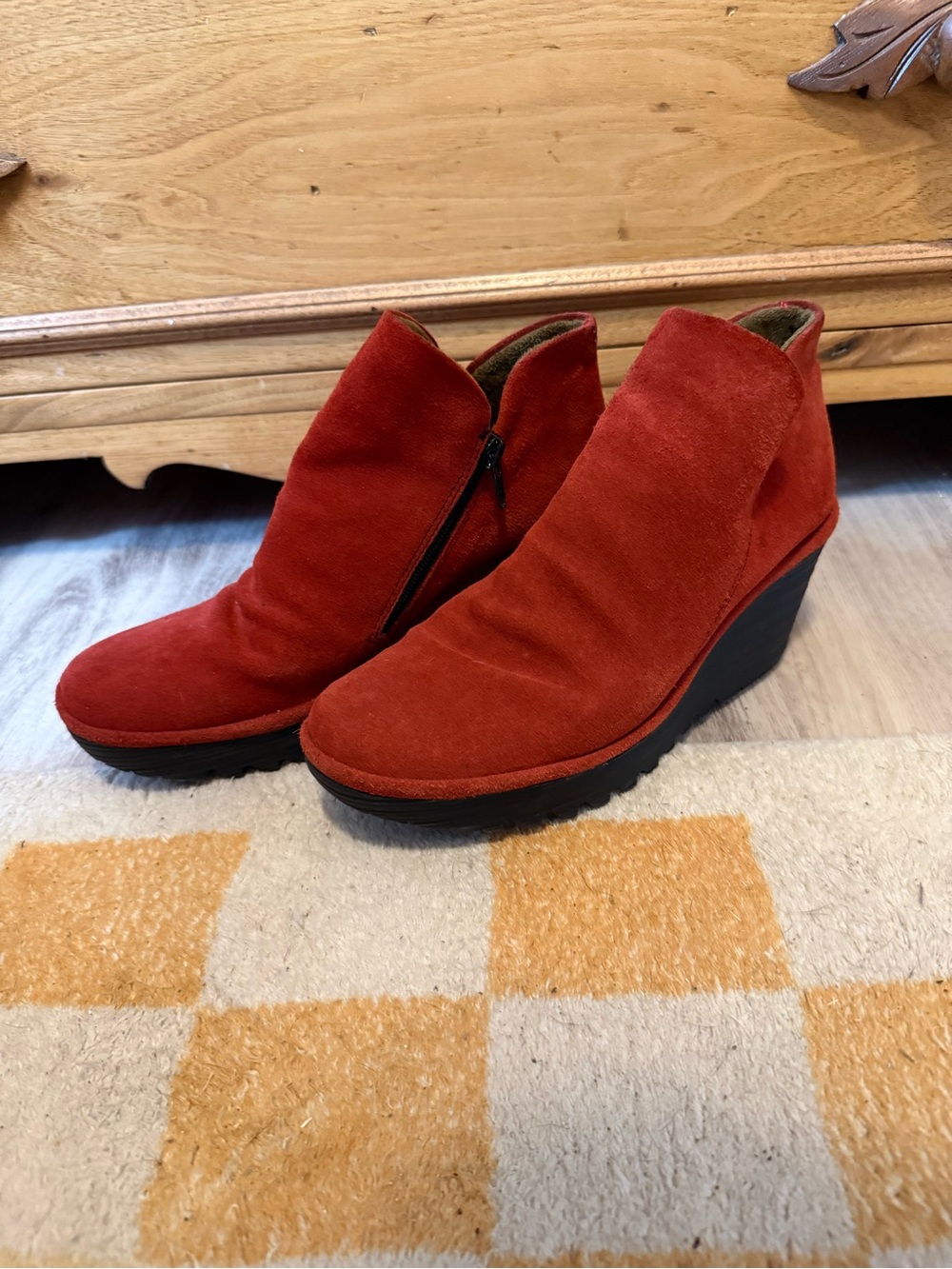 Fly London Orange Suede Wedge Ankle Booties